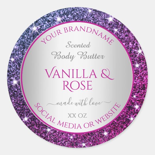 Roze Paarse Glitter Sparkle Stars Productlabels Ronde Sticker (Voorkant)