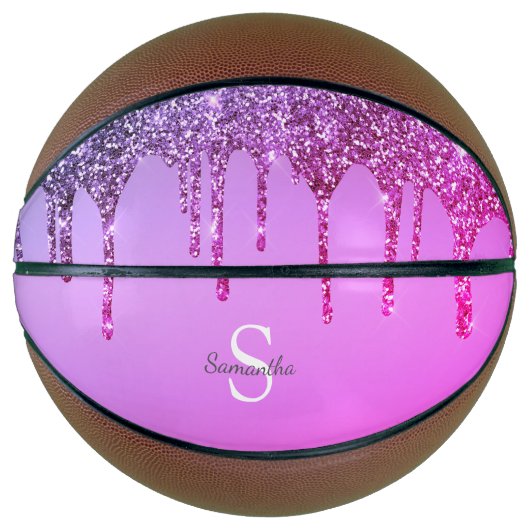 Roze Paarse Glitter Spetters Monogram Basketbal (Voorkant)