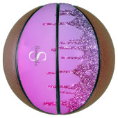 Roze Paarse Glitter Spetters Monogram Basketbal (Verticaal)