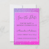 Roze Paarse Glitter Sweet 16 Save the Date Kaart (Achterkant)