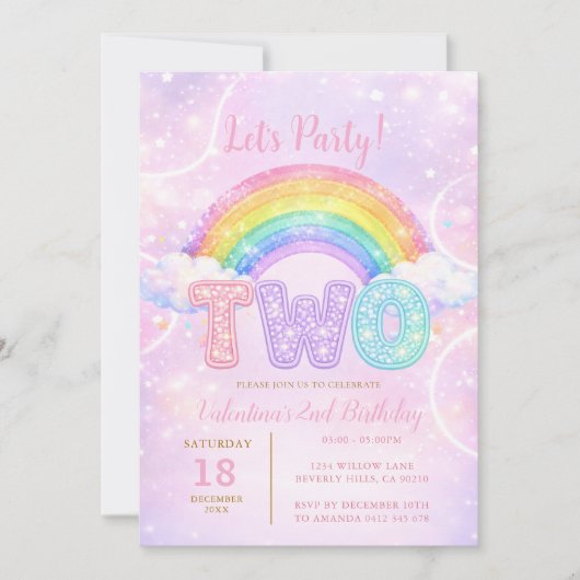 Roze Paarse Glitter Tweede Verjaardagsfeest Kaart (Voorkant)