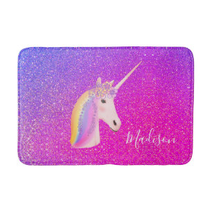 Roze Paarse Glitter Unicorn Gepersonaliseerde Kind Badmat