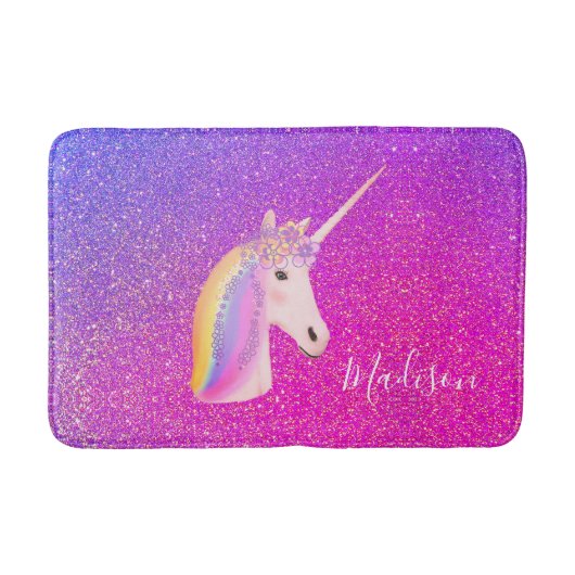 Roze Paarse Glitter Unicorn Gepersonaliseerde Kind Badmat (Voorkant)