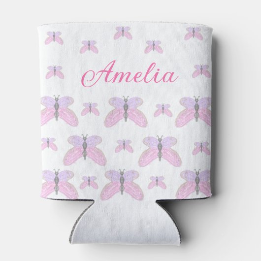 Roze paarse glitter vlinder naam tekst letter toev blikjeskoeler (Achterkant)