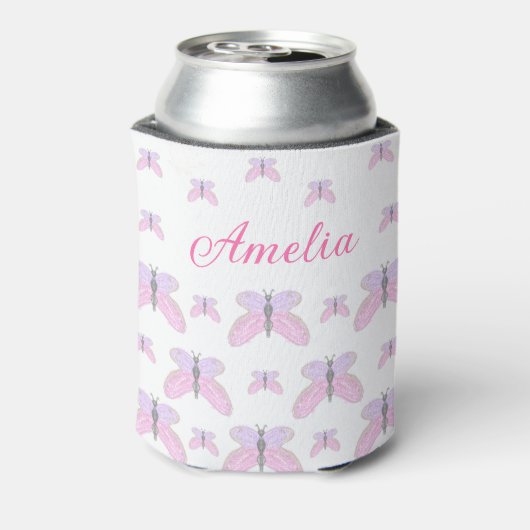 Roze paarse glitter vlinder naam tekst letter toev blikjeskoeler (Blikje Achterkant)