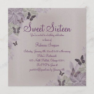 Roze & Paarse Glitter Vlinder Sweet 16 Uitnodiging