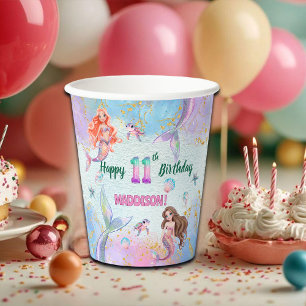 Roze Paarse Glitter Zeemeerminnen 11e Verjaardagsf Papieren Bekers