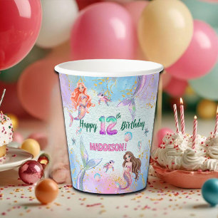 Roze Paarse Glitter Zeemeerminnen 12e Verjaardagsf Papieren Bekers