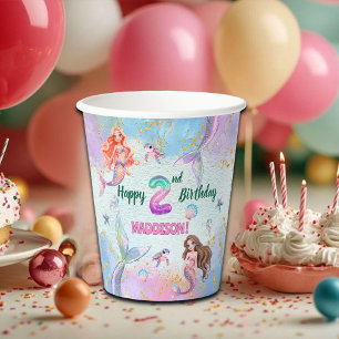 Roze Paarse Glitter Zeemeerminnen 2de Verjaardagsf Papieren Bekers
