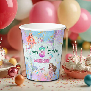 Roze Paarse Glitter Zeemeerminnen 3de Verjaardagsf Papieren Bekers