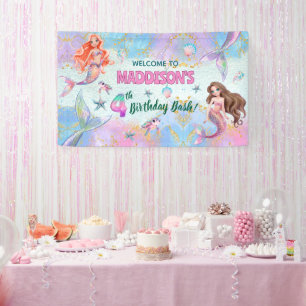Roze Paarse Glitter Zeemeerminnen 4de Verjaardag V Spandoek