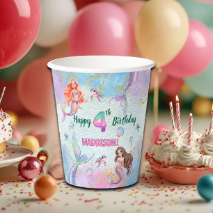 Roze Paarse Glitter Zeemeerminnen 4de Verjaardagsf Papieren Bekers