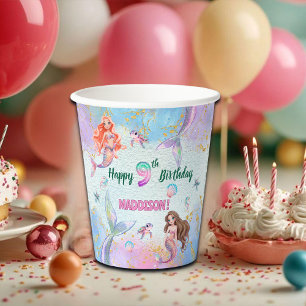 Roze Paarse Glitter Zeemeerminnen 9e Verjaardagsfe Papieren Bekers