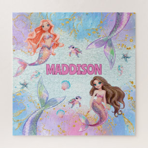 Roze Paarse Glitter Zeemeerminnen Voeg Naam Toe Legpuzzel