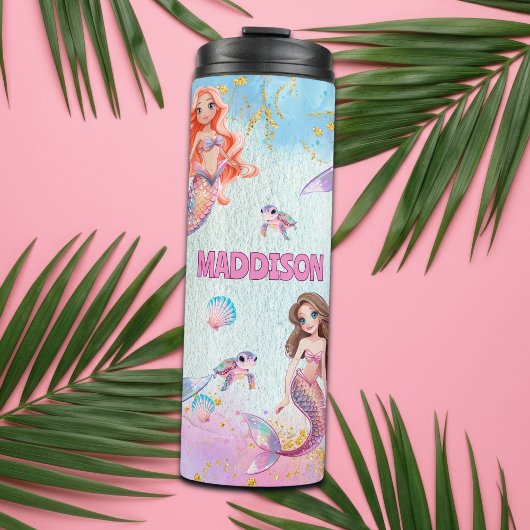 Roze Paarse Glitter Zeemeerminnen Voeg Naam Toe Thermosbeker