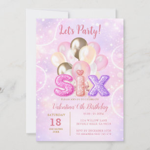 Roze Paarse Glitter Zes Ballon Verjaardagsfeestje Kaart