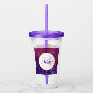 Roze & Paarse Glitterende Glitter Edelstenen Monog Acryl Drinkbeker