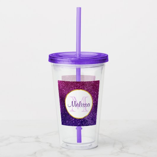 Roze & Paarse Glitterende Glitter Edelstenen Monog Acryl Drinkbeker (Voorkant)