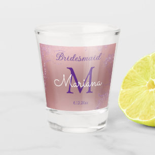Roze paarse glitters bruidsmeisje monogram initial shot glas
