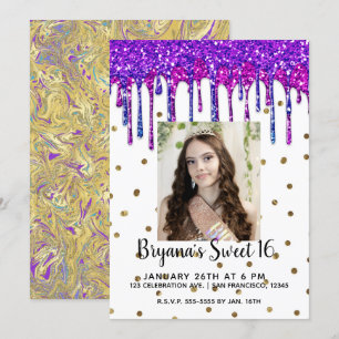 Roze Paarse Glitters Drip Verjaardag Sweet 16 Foto Kaart