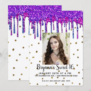 Roze Paarse Glitterschuimende Verjaardag Sweet 16  Kaart