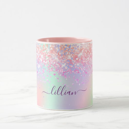 Roze paarse glitterstofholografisch naamscript mok (Midden)