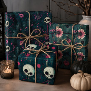 Roze & Paarse Gotische Halloween Schedels & Bloeme Inpakpapier Vel