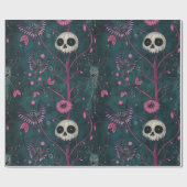 Roze & Paarse Gotische Halloween Skulls & Flowers Cadeaupapier (Vlak)