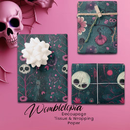 Roze & Paarse Gotische Halloween Skulls & Flowers Inpakpapier Vel