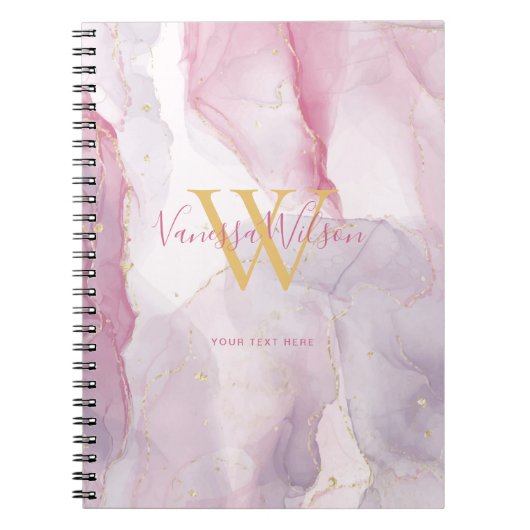 Roze Paarse Goud Ader Waterverf Monogram Script Notitieboek (Voorkant)