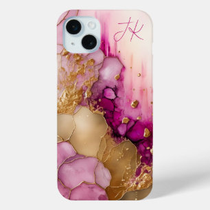 Roze Paarse Goud Marmer Gepersonaliseerd Monogram iPhone 15 Mini Hoesje
