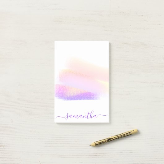 Roze paarse gouden borstelslagen, naamscript post-it® notes (Op bureau)