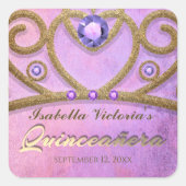 Roze Paarse Gouden Glitter met juwelen Tiara Quinc Vierkante Sticker (Voorkant)