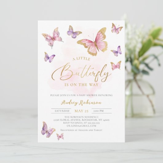 Roze Paarse Gouden Kleine Vlinder Meisje Baby show Kaart (Staand voorkant)