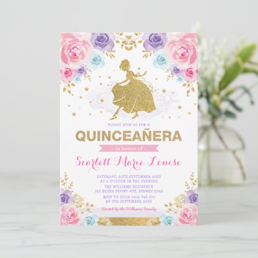 Roze Paarse gouden Rozen Princess Quinceañera Kaart (Staand voorkant)
