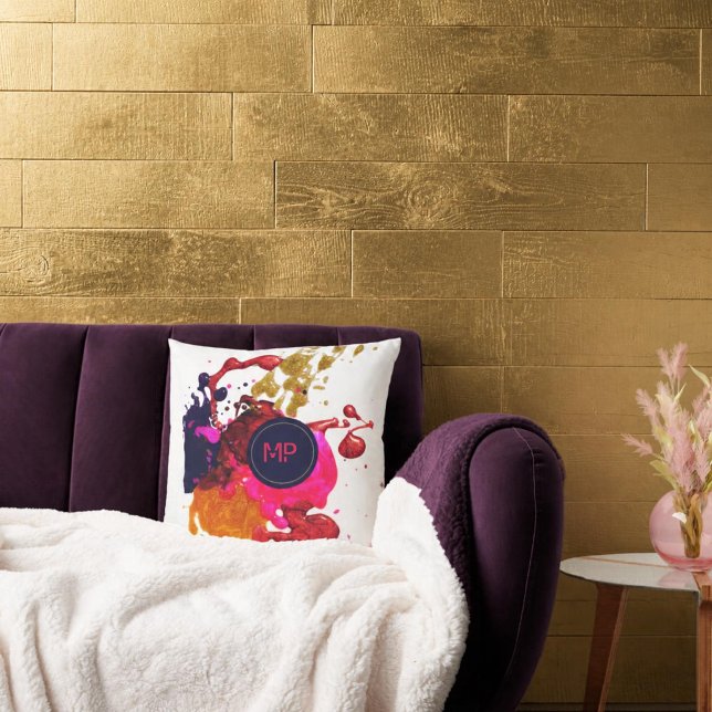 Roze Paarse Gouden Spat Monogram Kussen (Creator heeft geüpload)