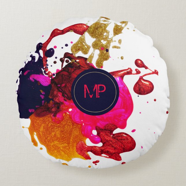 Roze Paarse Gouden Spat Monogram Worp Kussen (Voorkant)