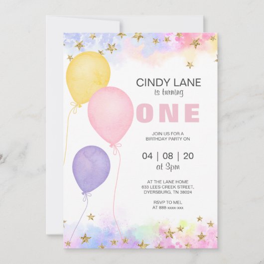 Roze Paarse gouden sterren Ballon Birthday Invitat Aankondiging (Voorkant)