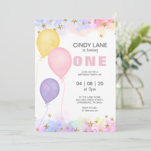 Roze Paarse gouden sterren Ballon Birthday Invitat Aankondiging (Staand voorkant)