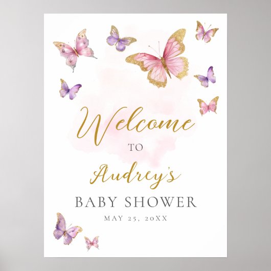 Roze Paarse Gouden Vlinder Baby shower Welkom Poster (Voorkant)