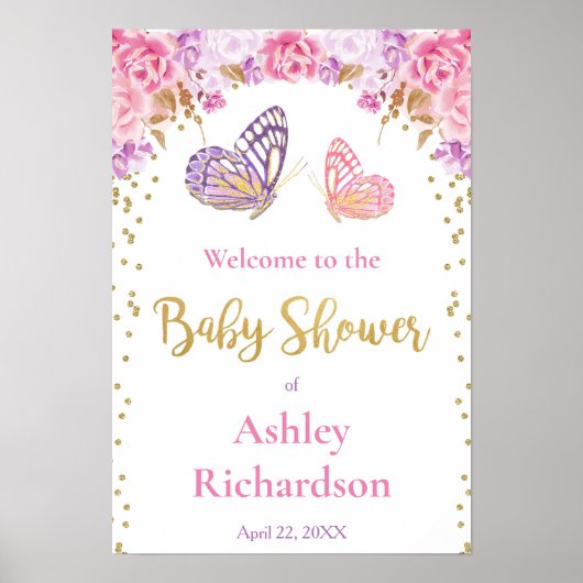 Roze paarse gouden vlinder baby shower welkom poster (Voorkant)