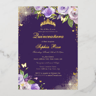 Roze Paarse Gouden Vlinder Bloemige Quinceanera Folie Uitnodiging