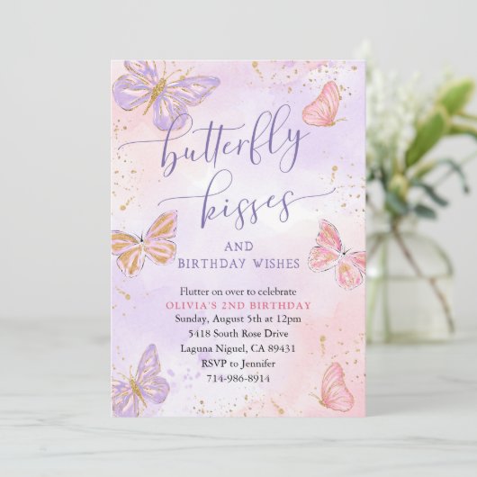 Roze Paarse gouden vlinder kussen Verjaardag Kaart (Staand voorkant)
