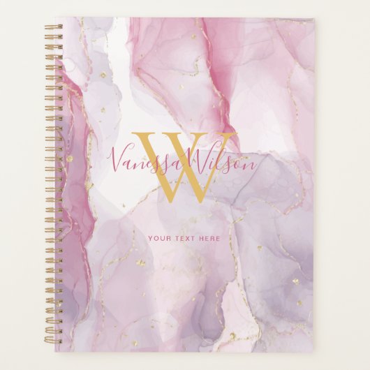 Roze Paarse Gouden Waterverf Monogram Script Planner (Voorkant)