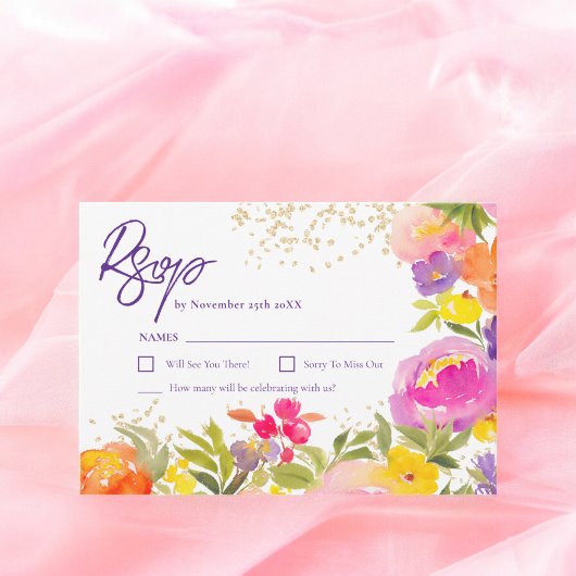 Roze paarse gouden zomerbloemenwaterverf RSVP kaartje