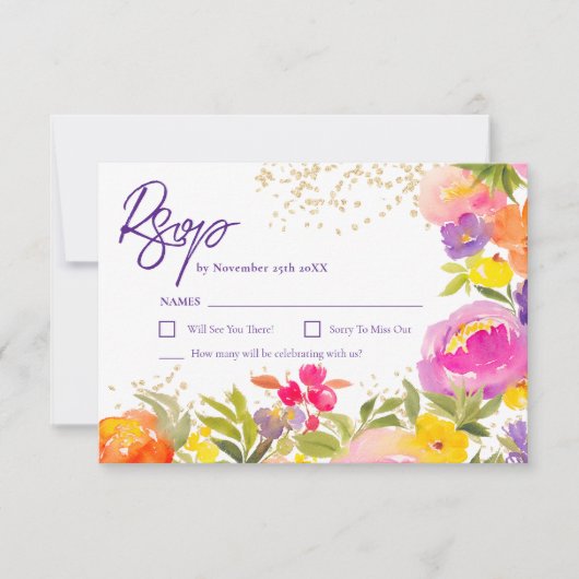 Roze paarse gouden zomerbloemenwaterverf RSVP kaartje (Voorkant)