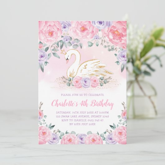 Roze Paarse Gouden Zwaan Prinses Verjaardagsfeest Kaart (Staand voorkant)