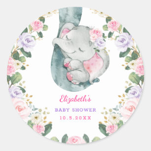 Roze Paarse goudmijn Elephant Girl Baby shower Ronde Sticker