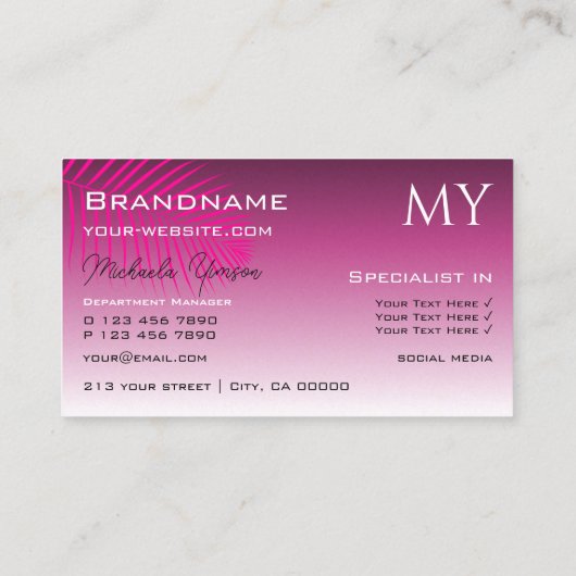 Roze Paarse gradiënt en palmleder met monogram Visitekaartje (Achterkant)
