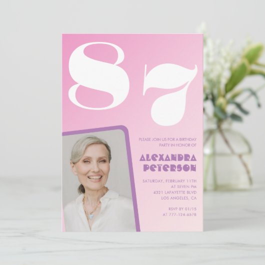 Roze Paarse Gradiënt Foto 87e verjaardag Kaart (Staand voorkant)